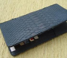  Snakeskin Leather Wallet. Unisex Leather Wallet. Navy Blue Men Wallet.